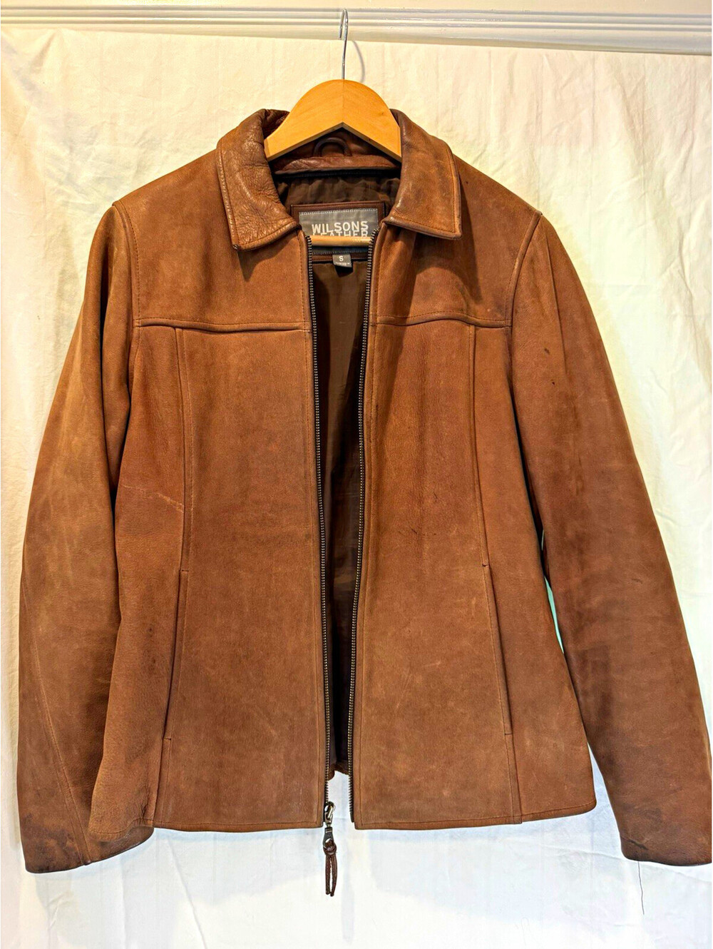 Wilsons Leather Brown Leather Collared Full Zip Short Jacket Long Sleeve Size S